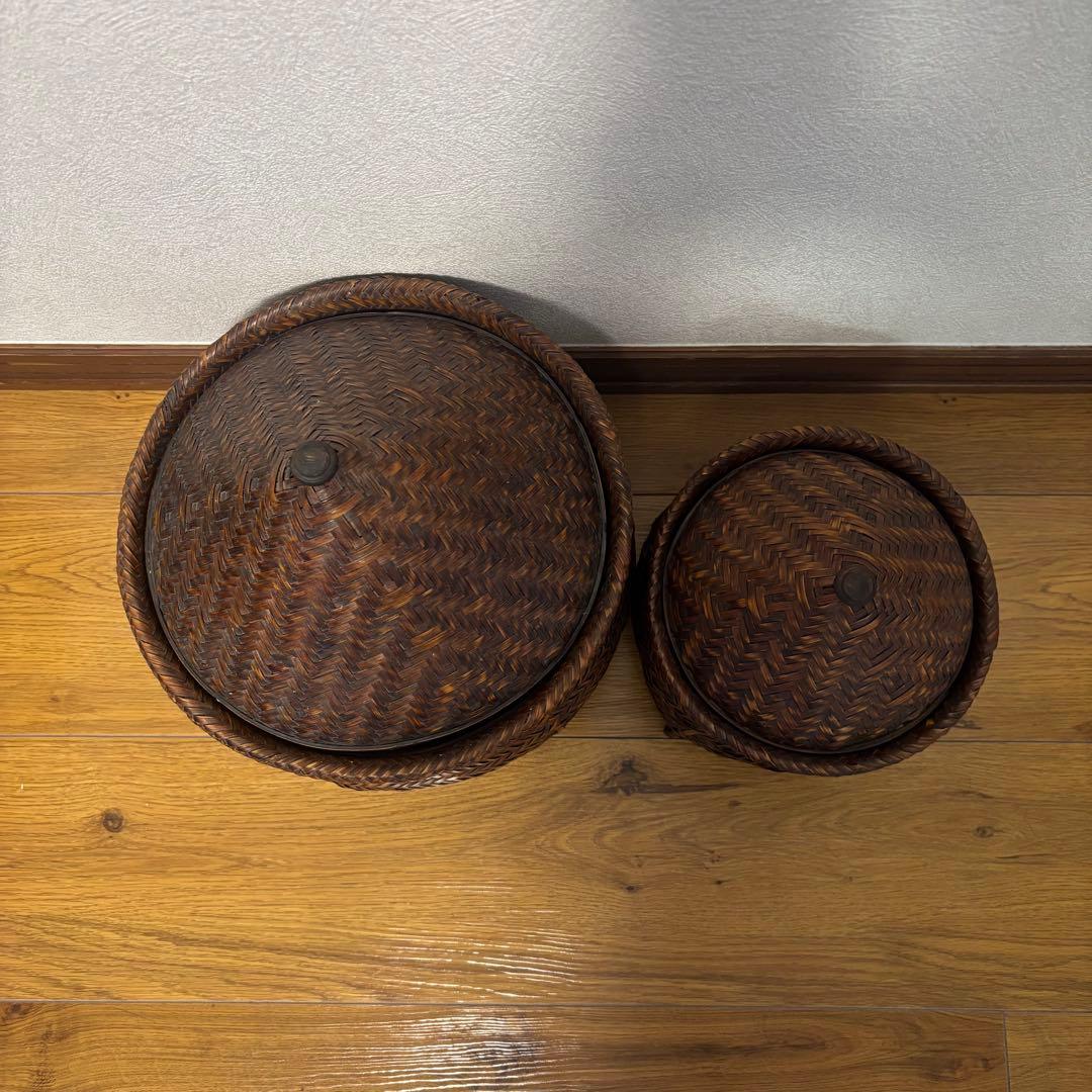 【良品】蓋付き　籠　アンティーク　竹細工　骨董　大小２個セット