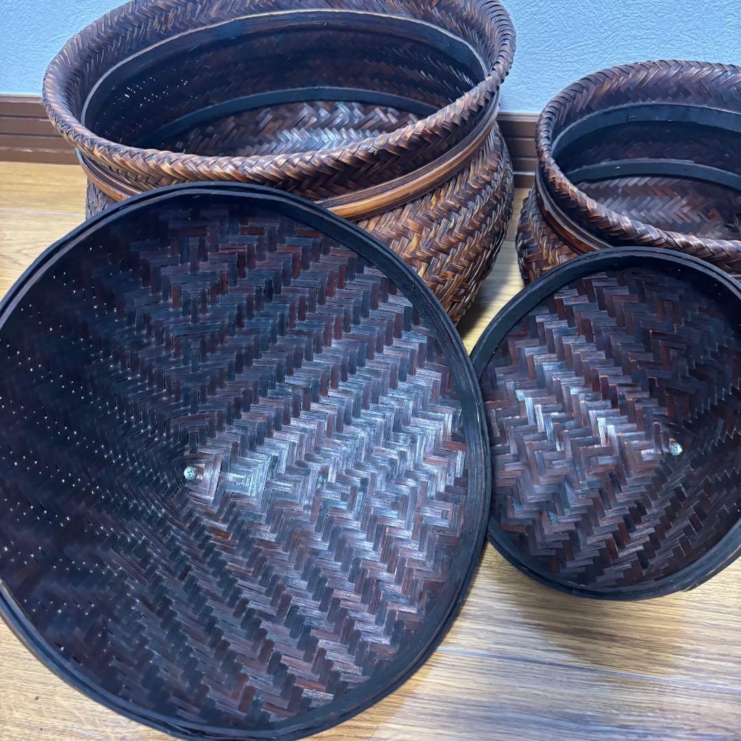 【良品】蓋付き　籠　アンティーク　竹細工　骨董　大小２個セット