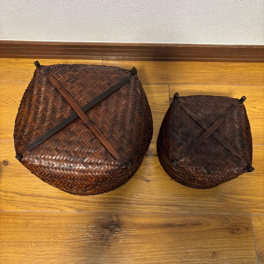 【良品】蓋付き　籠　アンティーク　竹細工　骨董　大小２個セット