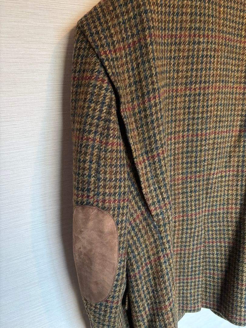 【美品】ハリスツイード ブレザー エルボーパッチ ガンクラブチェック くるみ釦