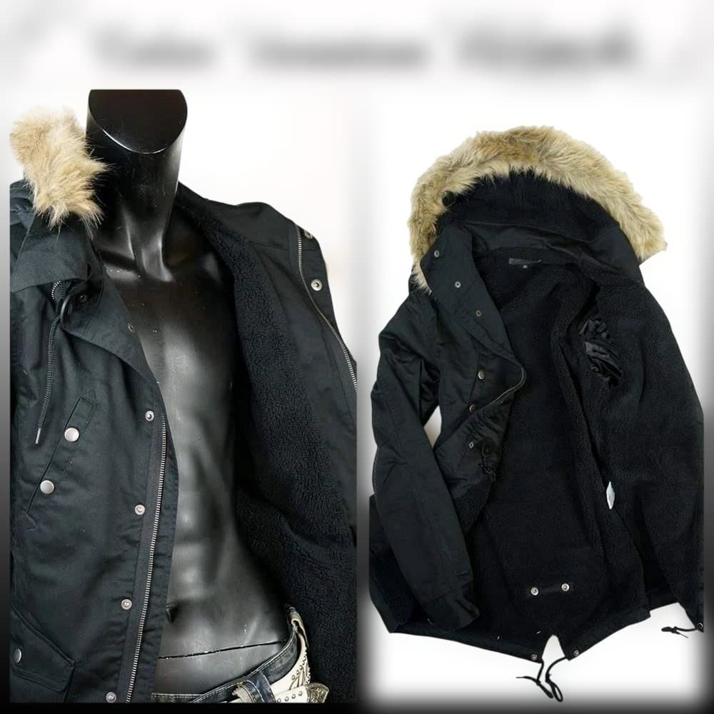 ミリタリー系 裏ボアファー付 モッズコート★ブラック★3L