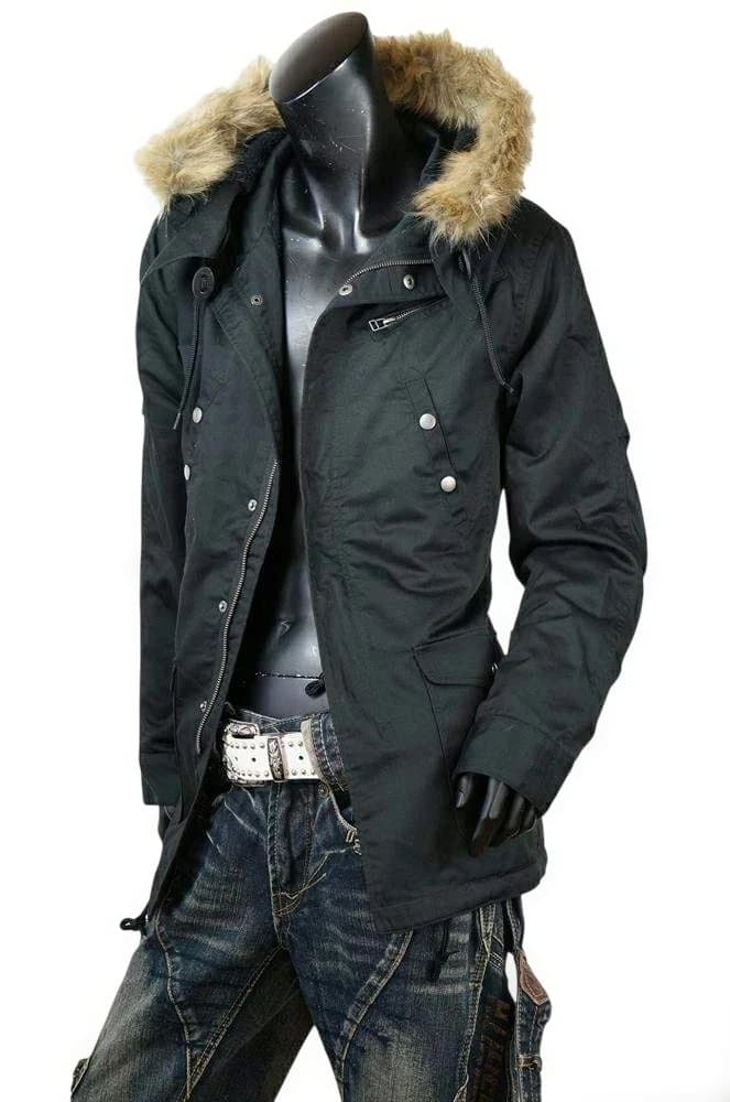 ミリタリー系 裏ボアファー付 モッズコート★ブラック★3L