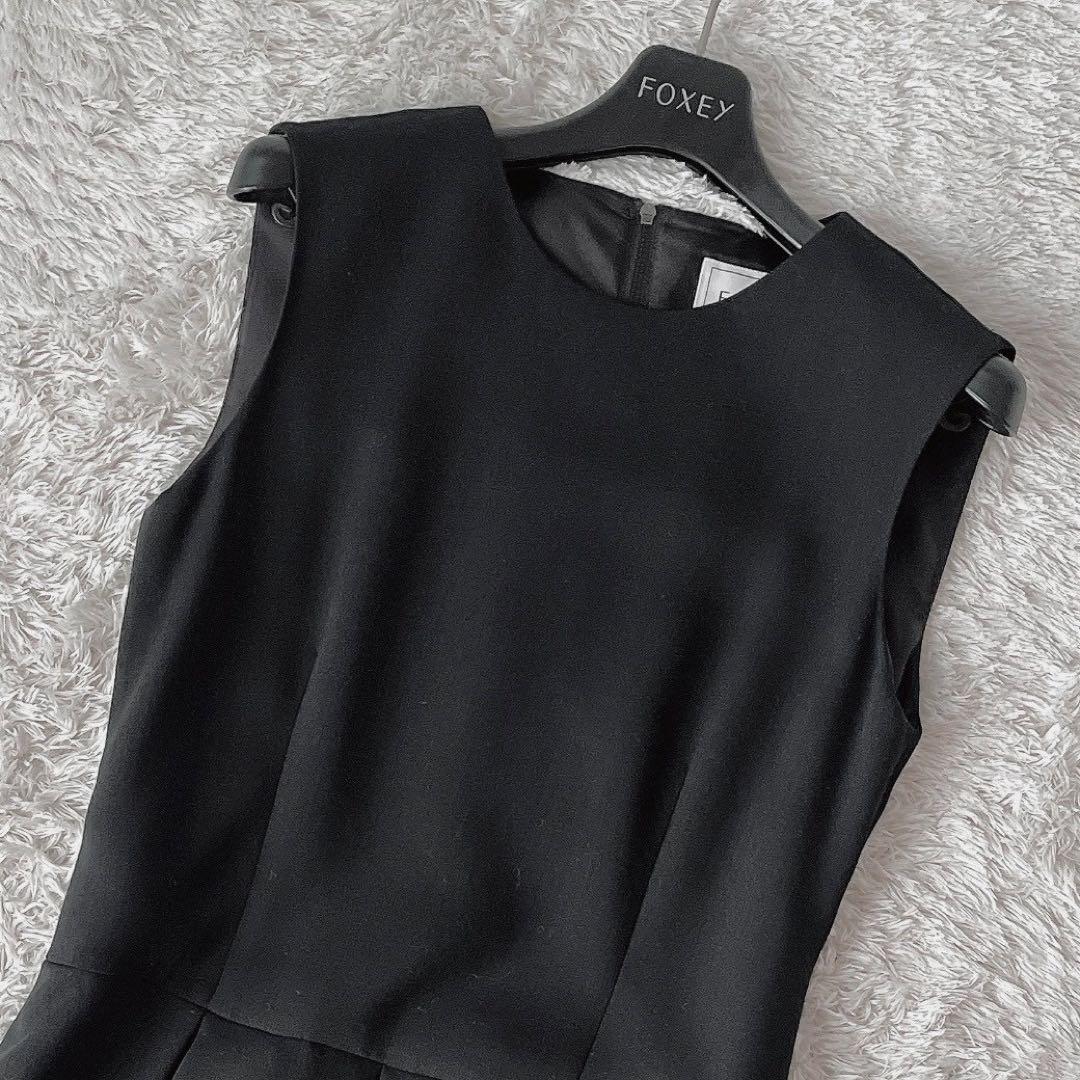 【美品】フォクシー ワンピースドレス ボックスプリーツAライン グログランリボン