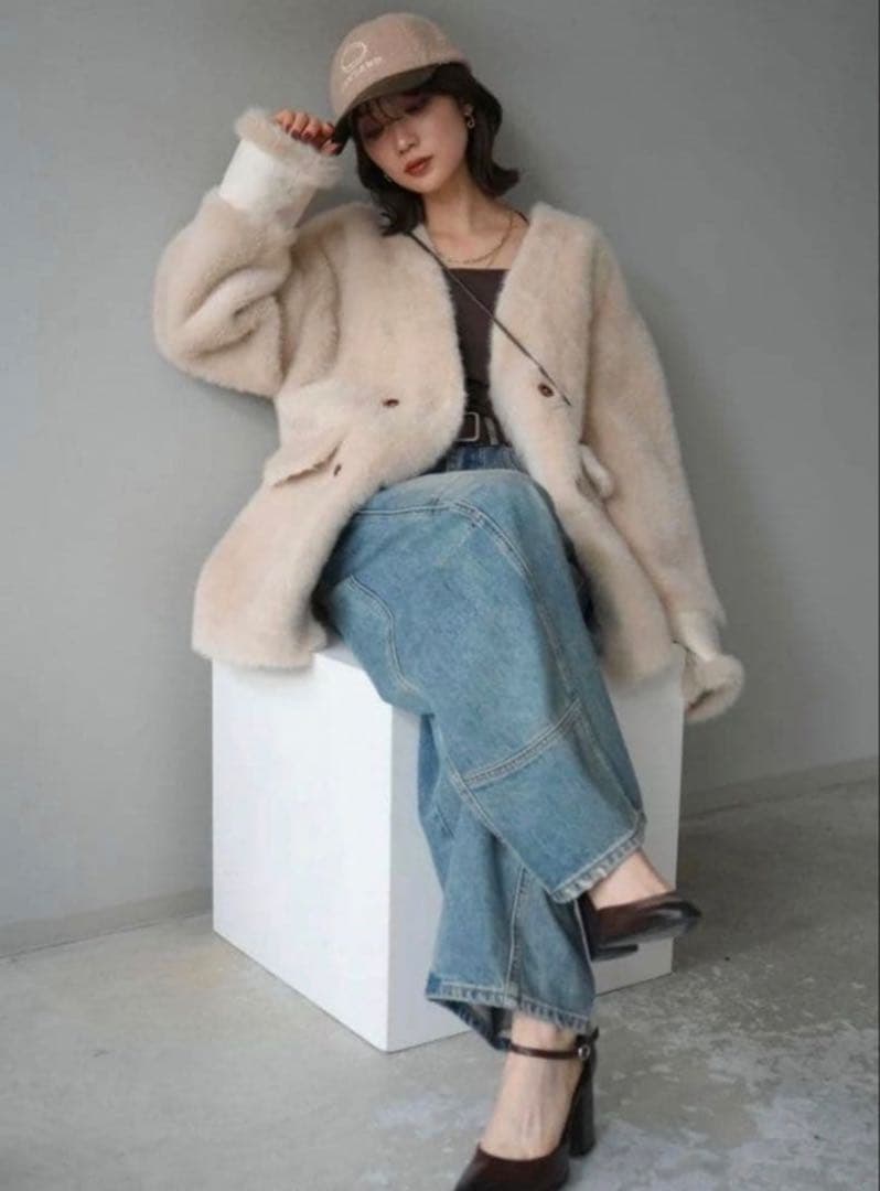 エコファーノーカラーコートベージュlumier同型