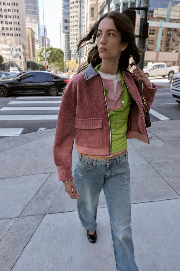 ZARA コーデュロイ フェイクレザー襟ジャケット マルサラ S