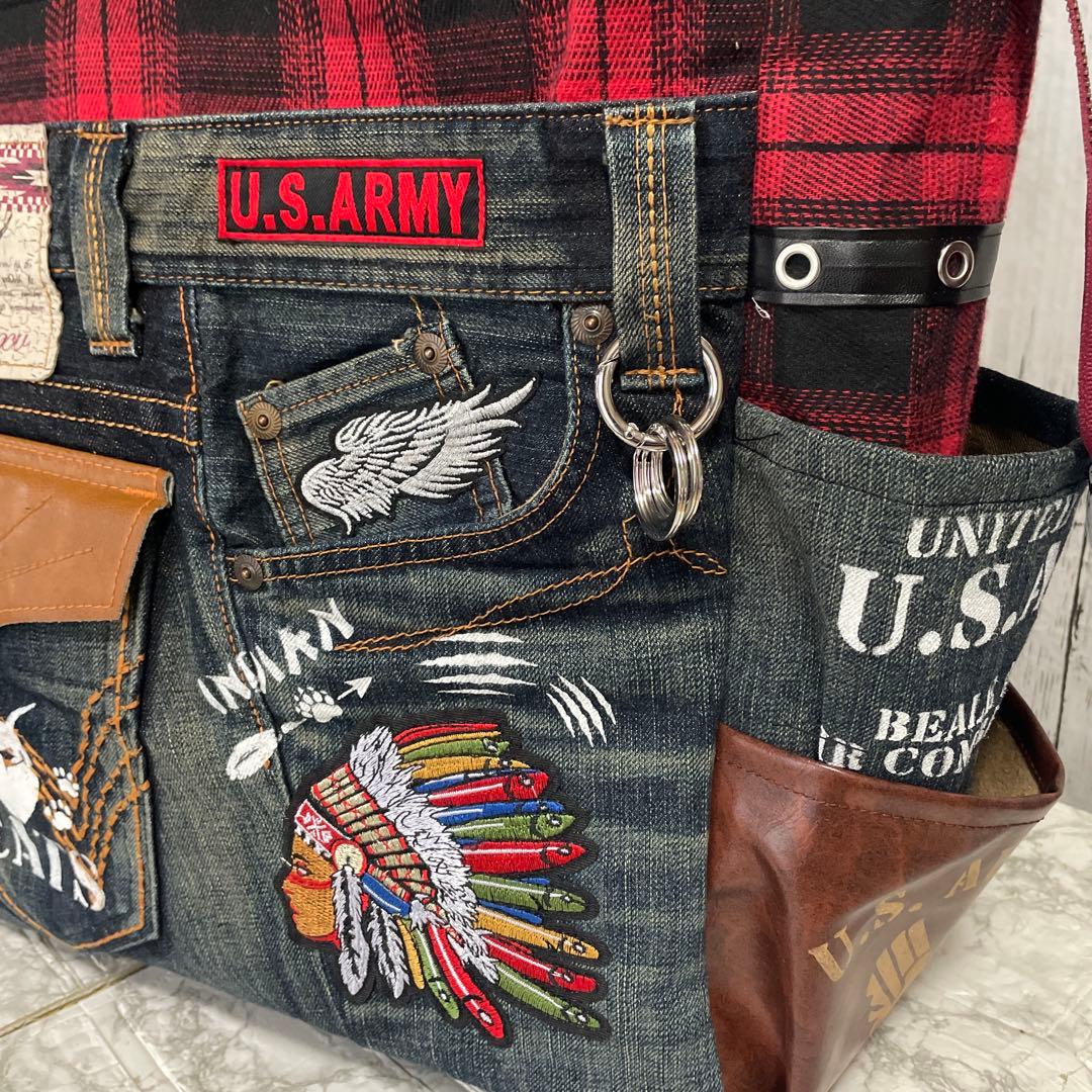 No.537 デニムリメイクバッグ　肩掛けトートバッグ　キャットインディアン