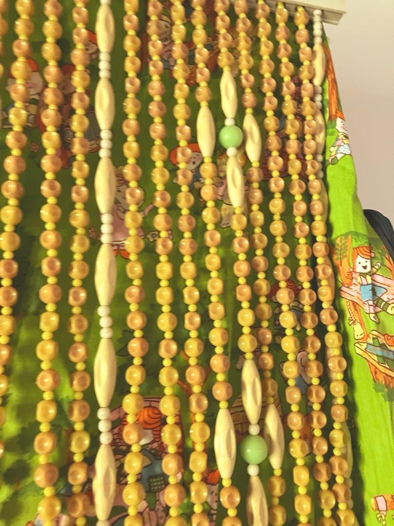 昭和レトロ ビーズのれん 黄色 緑色 当時物　レトロポップ 玉暖簾 珠暖簾