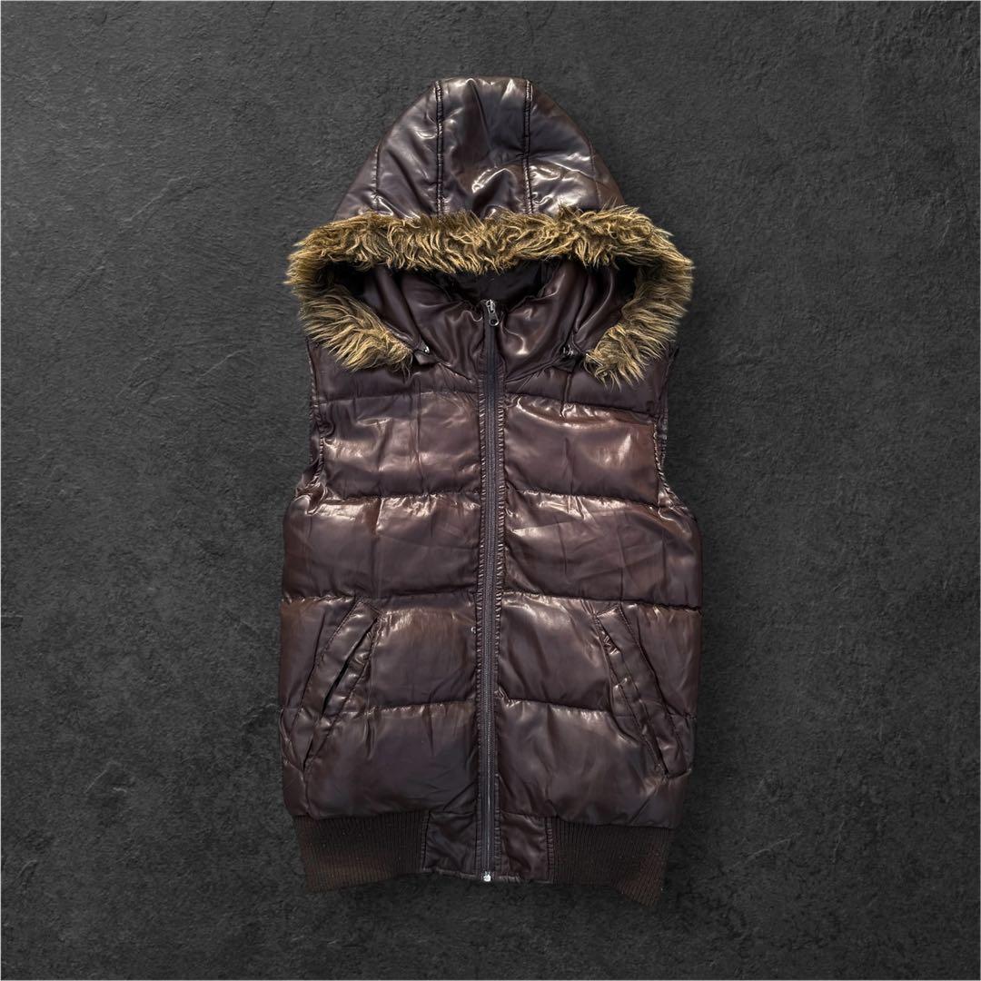 archive y2k others ダウンベスト　茶　ファー付き　短丈