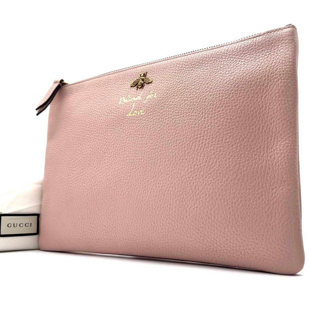 未使用保管品 グッチ クラッチバッグ レザー 本革 ビー Bee ロゴ ピンク