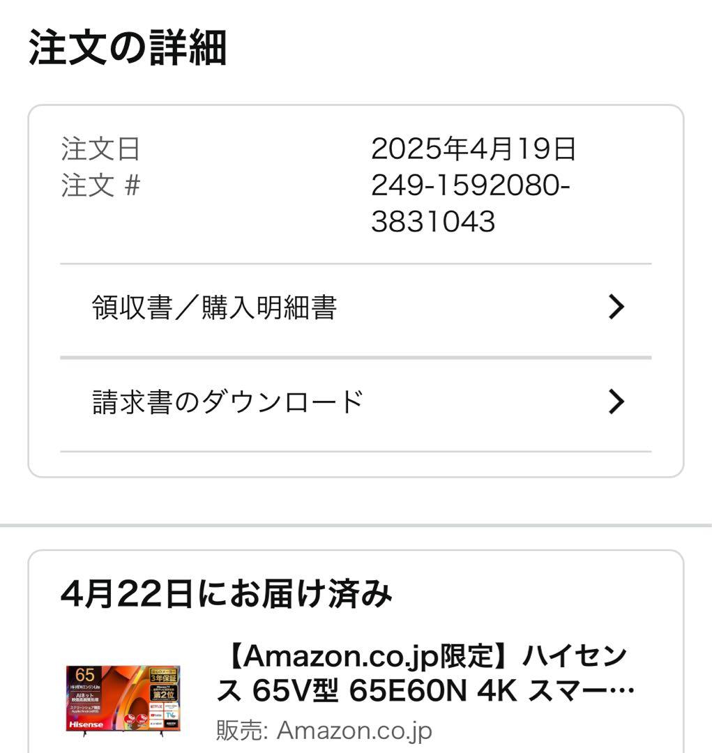 一度使用のみ　ハイセンス 65V型 65E60N 4K 2025年製