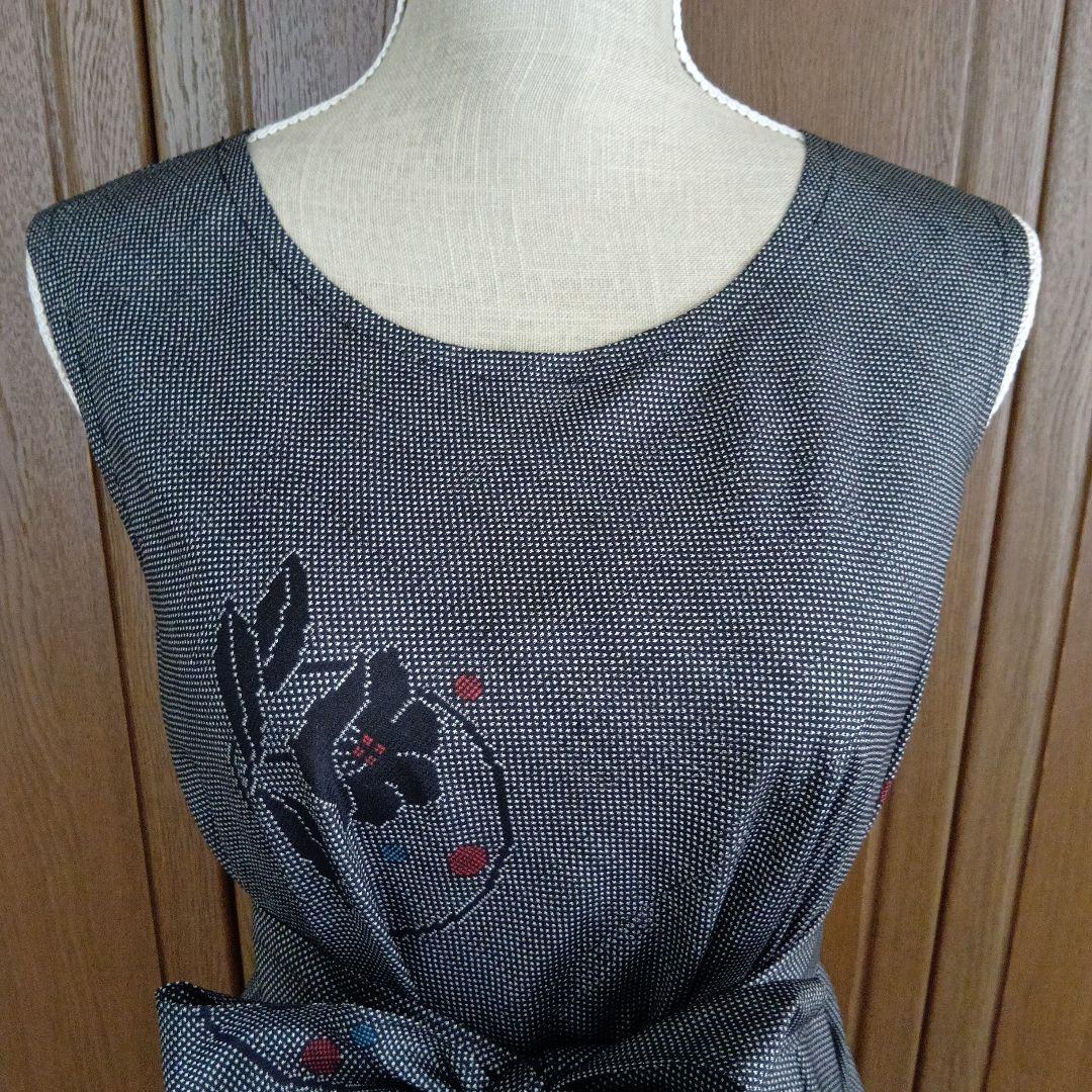 着物リメイク＊黒泥系７マルキ本場大島紬＊ノースリーブテント型フレアーワンピース