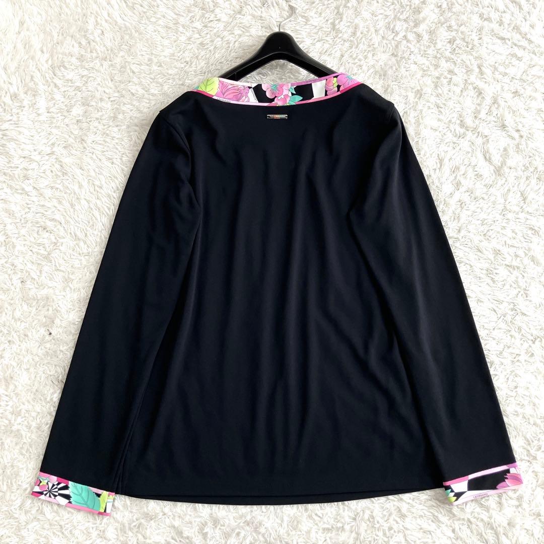 レオナール✨カットソー トップス トリム 花 ロゴプレート 黒 ピンク 40