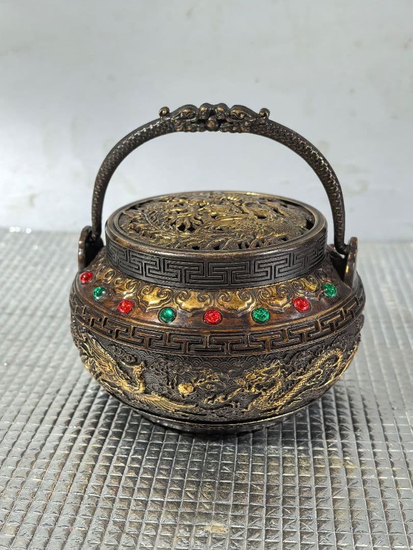 銅手炉　手焙り　香炉　銅暖手炉　龍鳳呈祥透彫火屋　提手銅炉