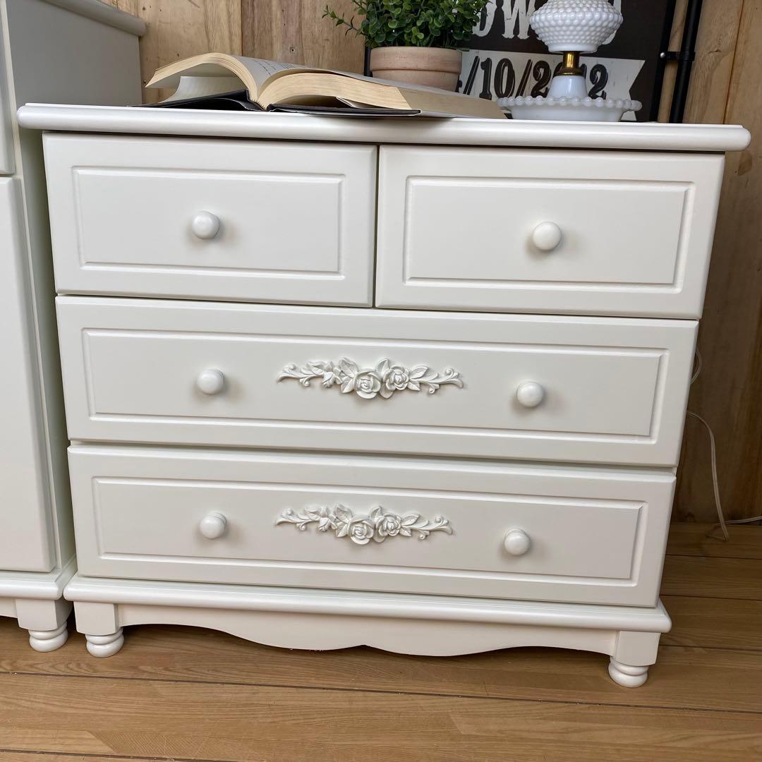 フレンチカントリー北欧調ホワイトチェストサイドキャビネット二点セットタンス収納