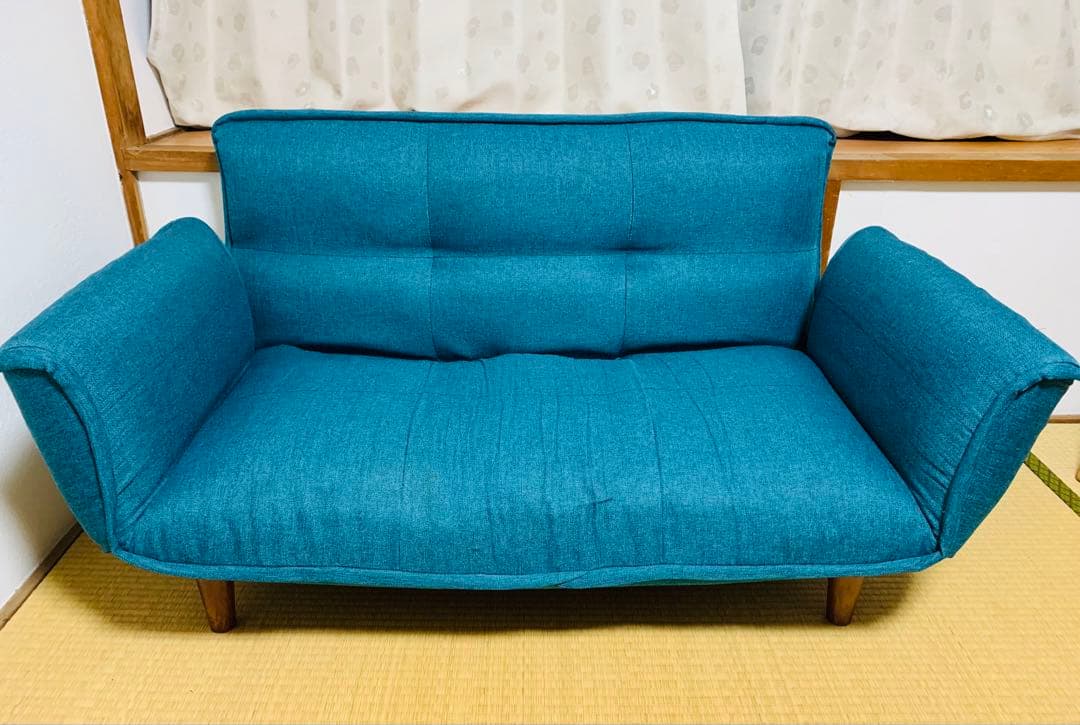 【超美品】ブルーファブリック2人掛けベットになるソファ