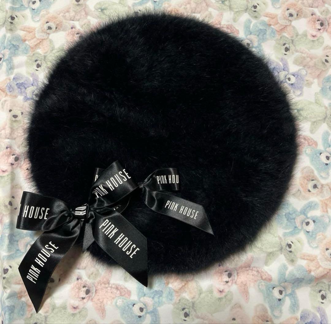 ピンクハウス　ファーベレー帽　黒　バレエコア　カネコイサオ　インゲボルグ　リボン