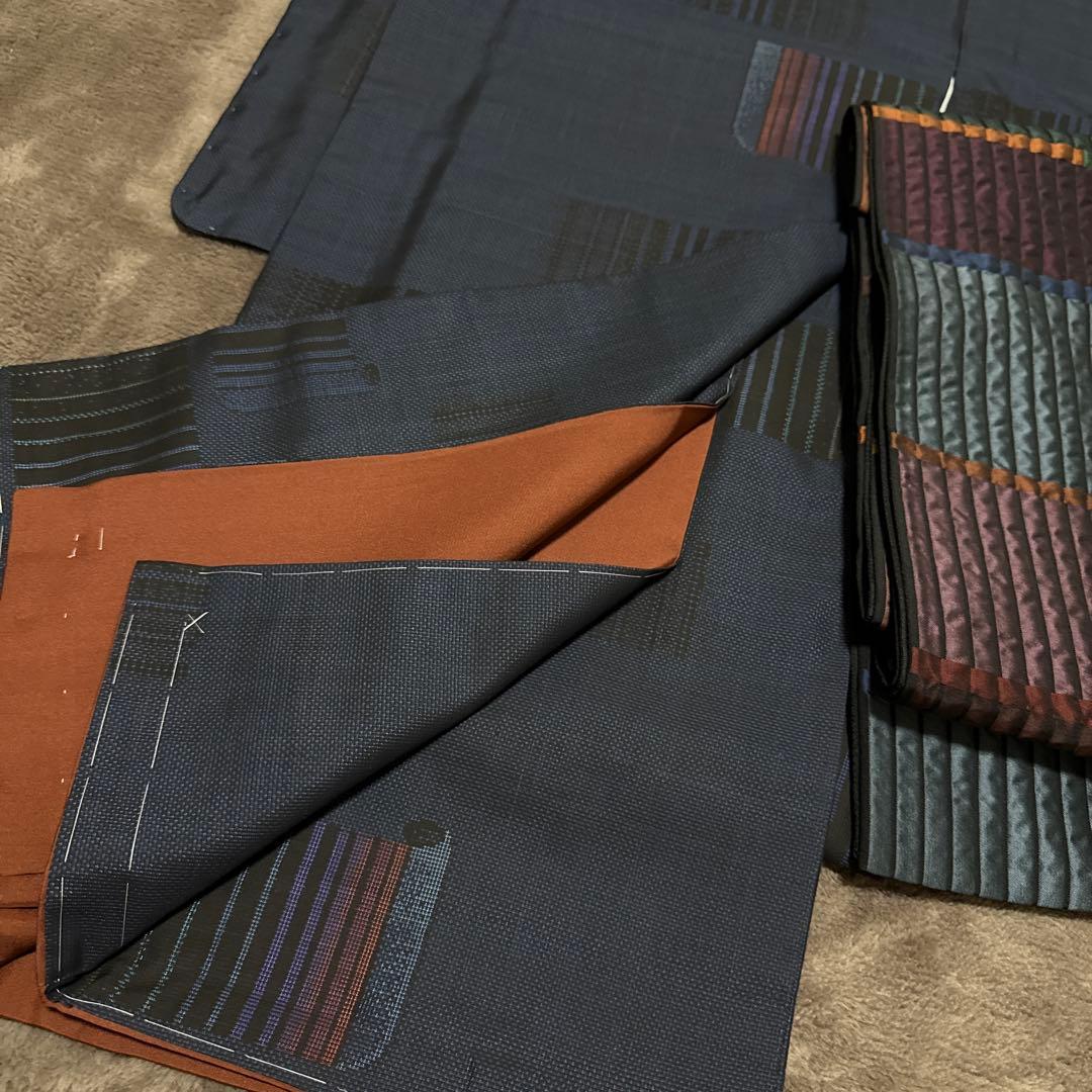 希少モデルサイズ　かっこいいセットしつけ糸付未使用大島紬　未使用お洒落袋帯