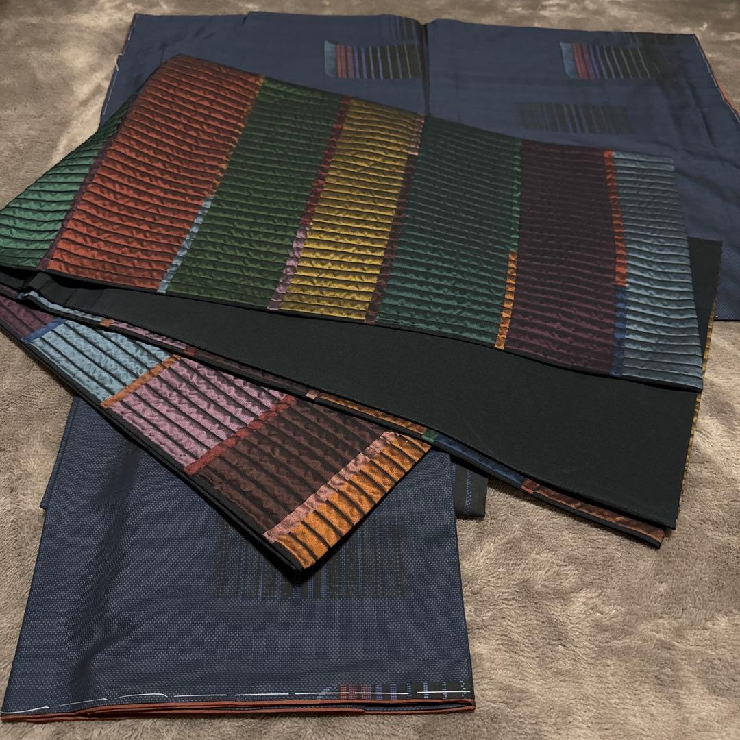 希少モデルサイズ　かっこいいセットしつけ糸付未使用大島紬　未使用お洒落袋帯