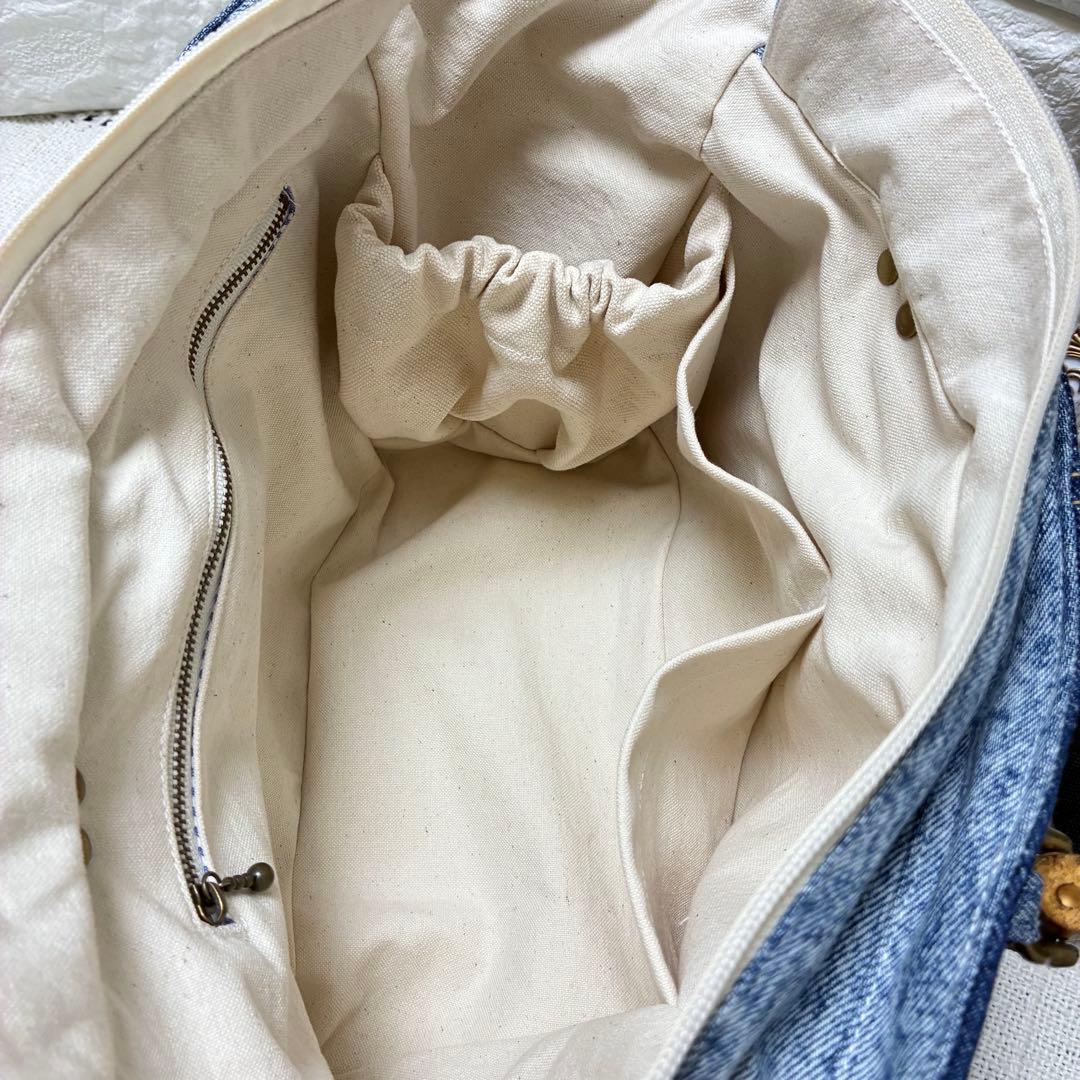 デニムリメイク　編み込みトートバッグ⭐︎バンブー持ち手⭐︎2連ハートチャーム付き