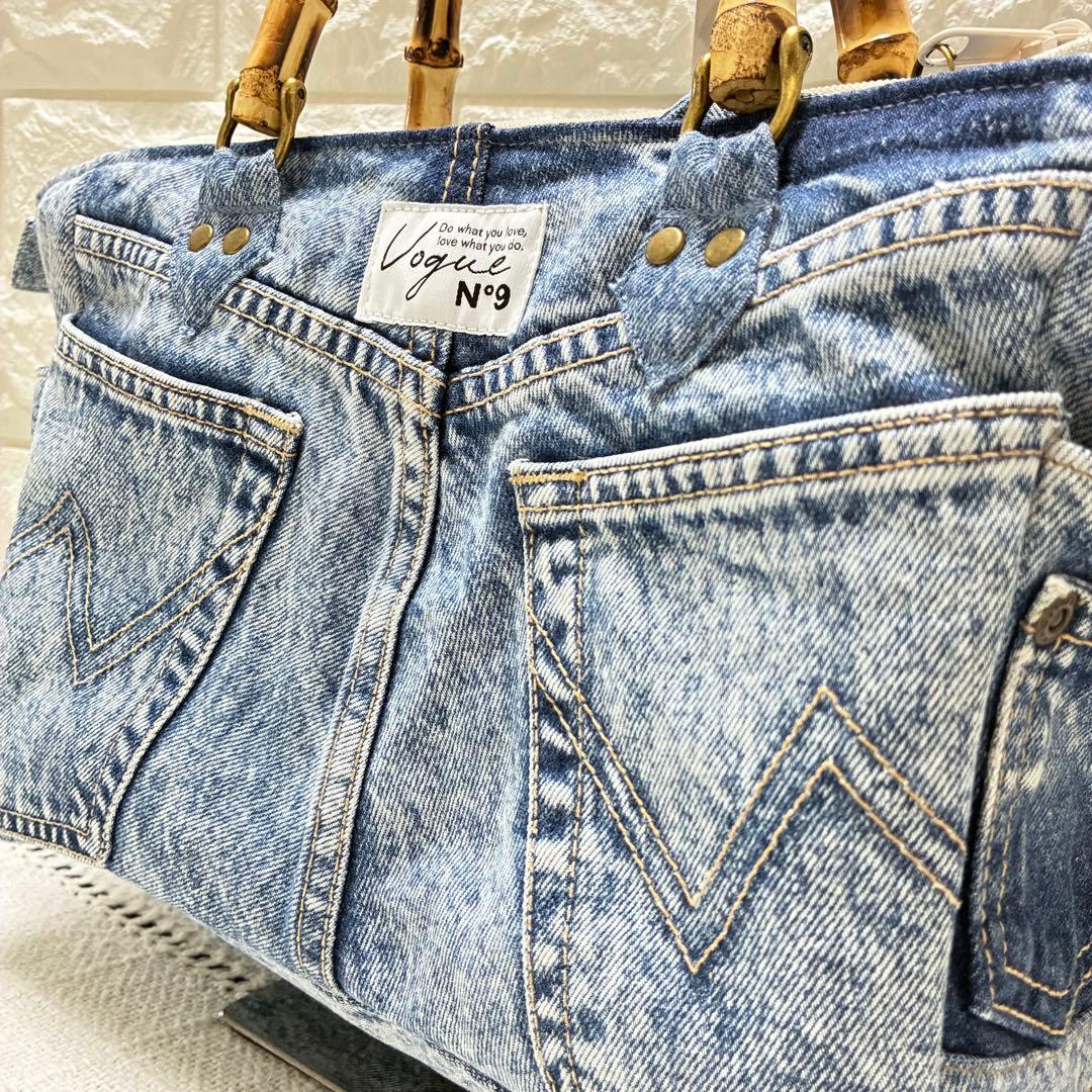 デニムリメイク　編み込みトートバッグ⭐︎バンブー持ち手⭐︎2連ハートチャーム付き