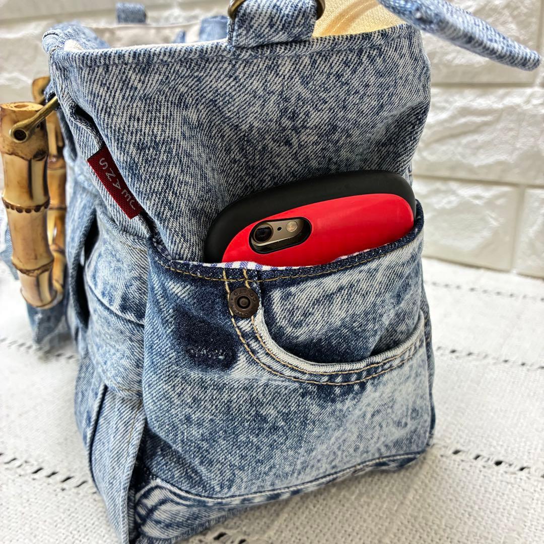 デニムリメイク　編み込みトートバッグ⭐︎バンブー持ち手⭐︎2連ハートチャーム付き