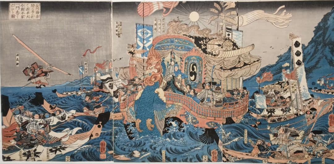 浮世絵版画、長門國赤間の浦に於て源平合戦平家一門悉く亡びる圖歌川国芳画弘化出版