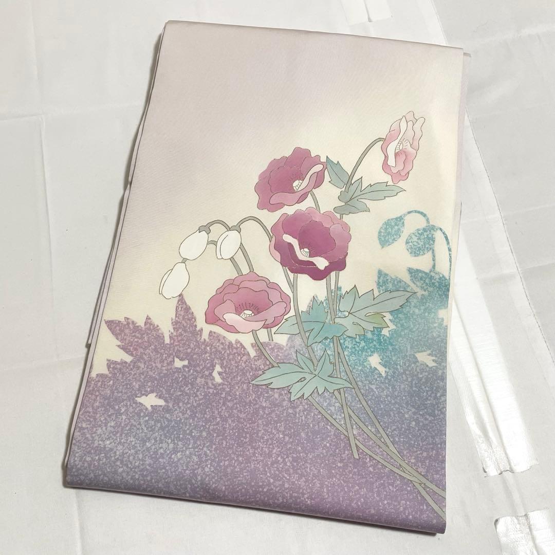 B5 塩瀬 作家物 落款入 ポピー 花模様 染め 紫 正絹 太鼓柄 名古屋帯