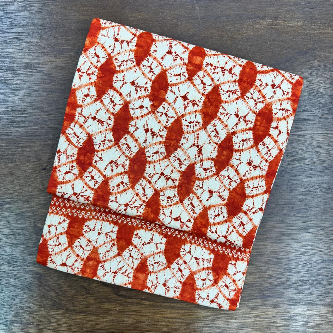 美品 長尺■ 草紫堂 証紙付 南部茜染 七宝 正絹 開き名古屋帯