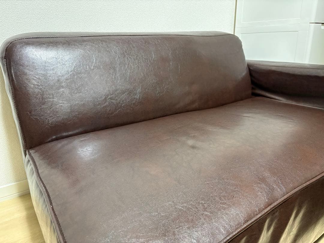 ブラウン合成皮革2人掛けソファ