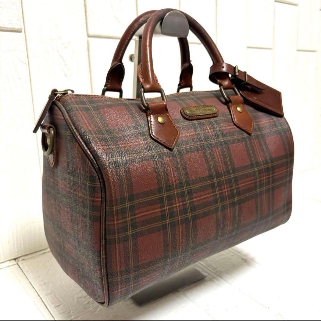 希少　ラルフローレン　ハンドバッグ　ミニボストンバッグ　タータンチェック　赤茶