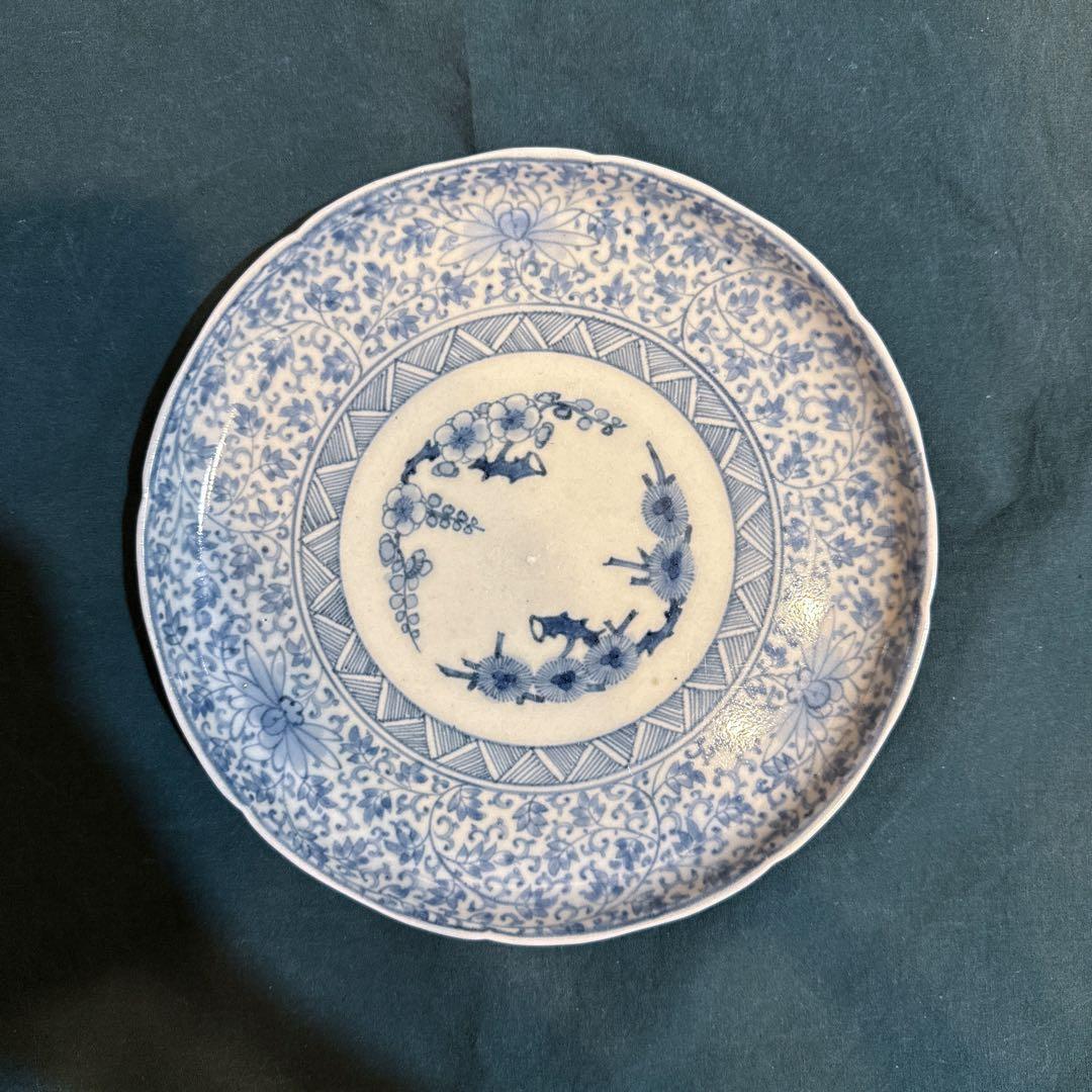 古伊万里　染付　花唐草　中皿　無傷完品　元禄期