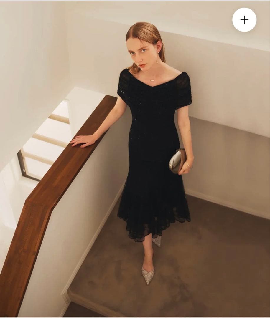 Leja 2wayレース花柄オフショルダーマーメイドワンピースドレス　黒　結婚式