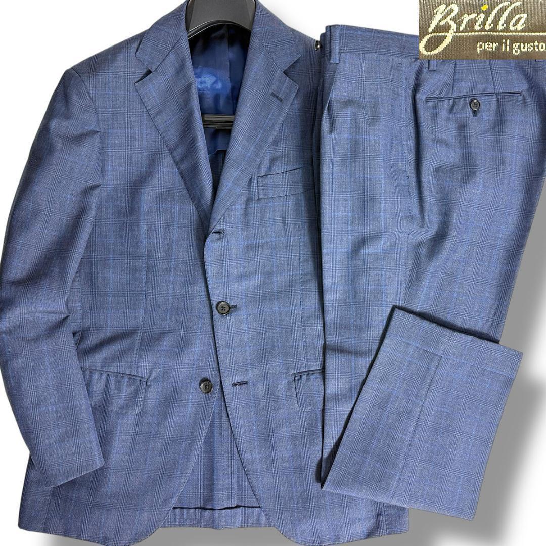 J6409超美品 ブリッラペルイルグスト 伊製生地モヘヤ混グレンプレイド柄スーツ