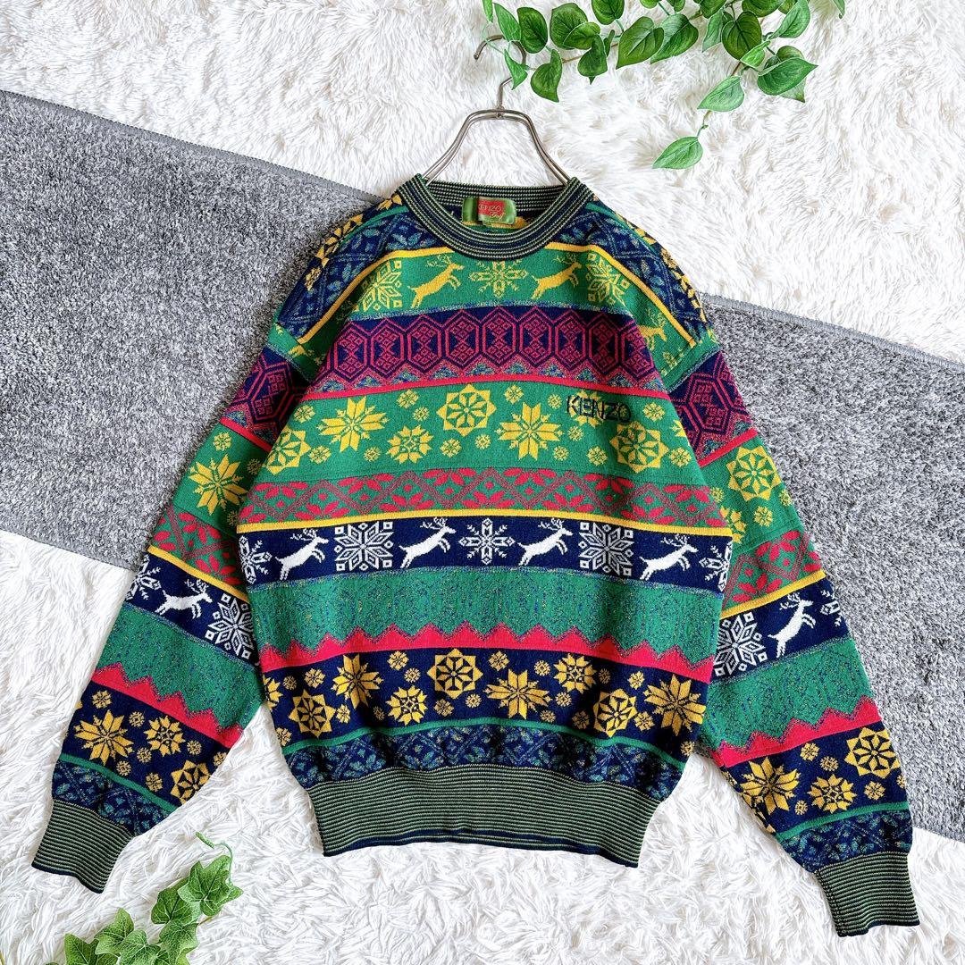 希少　美品　オールド　ケンゾー　総柄 ニット　切り替え　刺繍ロゴ　ウール混
