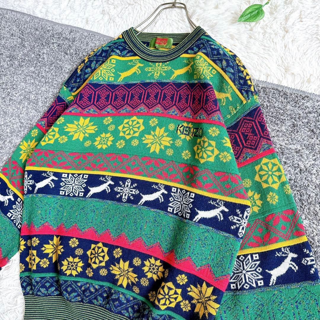 希少　美品　オールド　ケンゾー　総柄 ニット　切り替え　刺繍ロゴ　ウール混