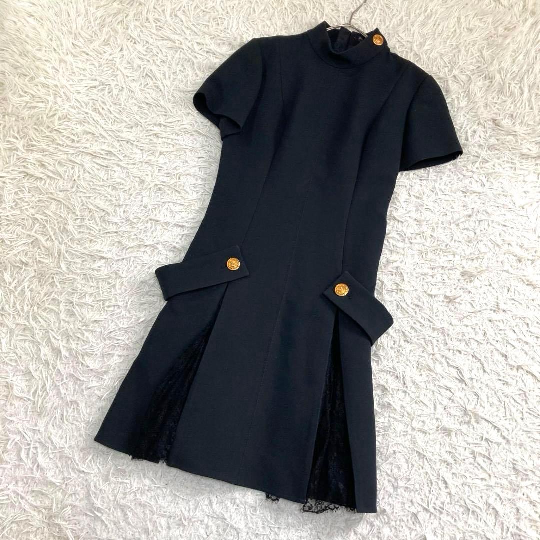 17442✨ルイヴィトン 金ボタン LVロゴ レース切替フレアワンピース ウール