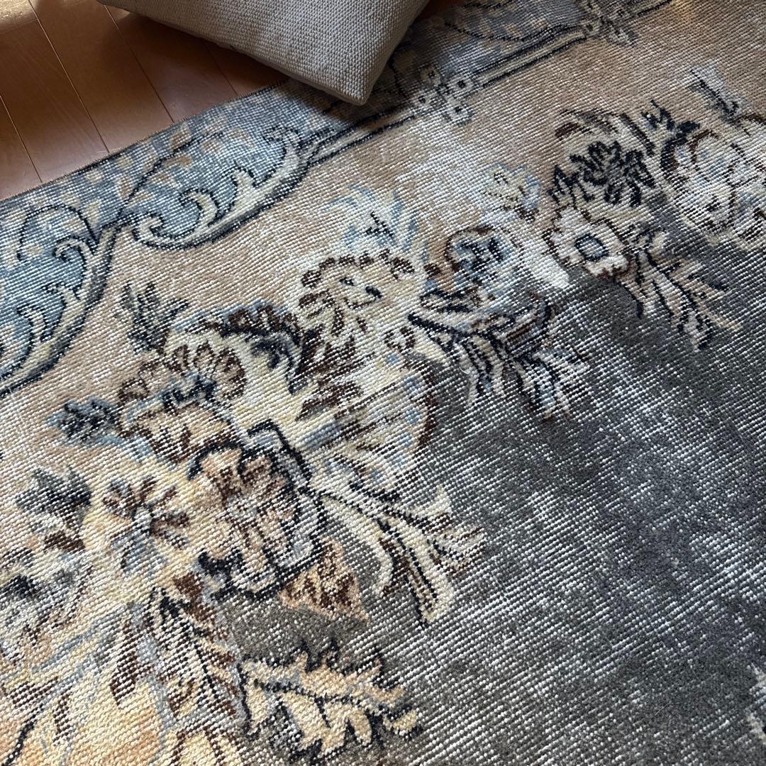 92×180-184グレイカーキ　ボタニカル柄　トルコヴィンテージラグ