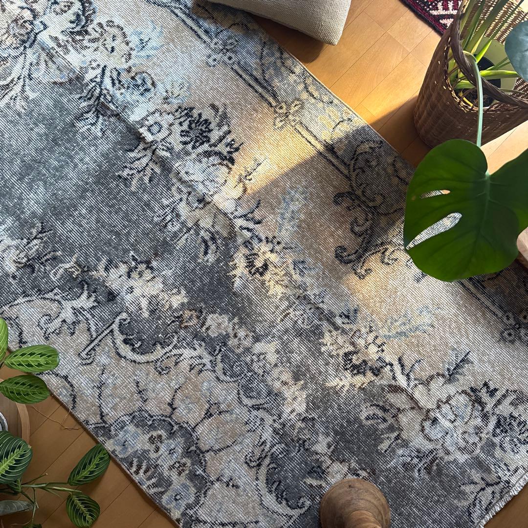 92×180-184グレイカーキ　ボタニカル柄　トルコヴィンテージラグ