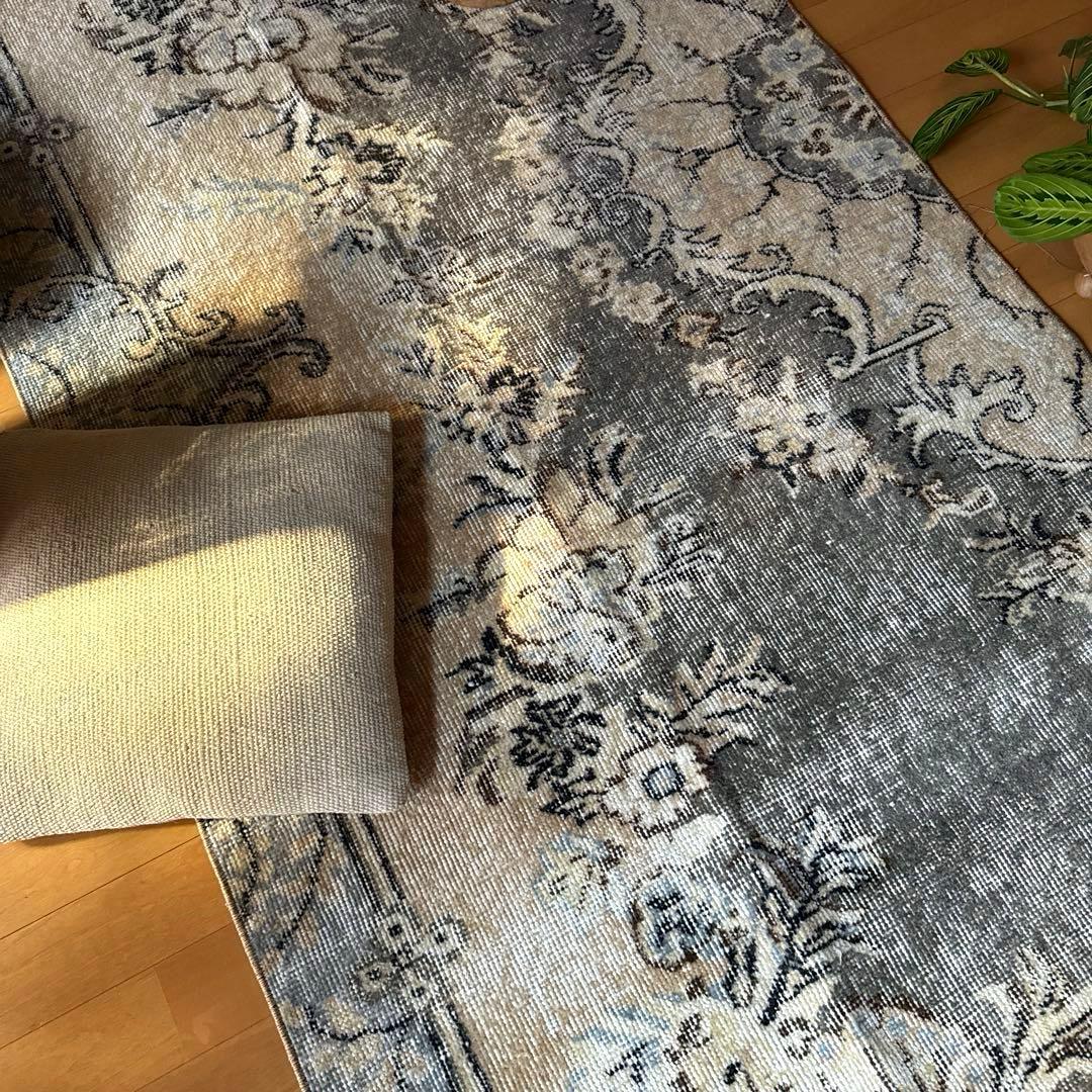 92×180-184グレイカーキ　ボタニカル柄　トルコヴィンテージラグ