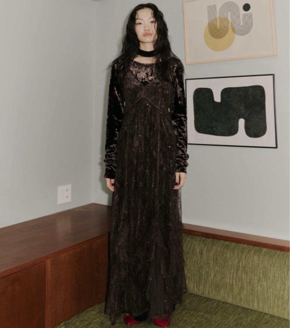 andresd スパークルレースベロアドレス ブラウン M