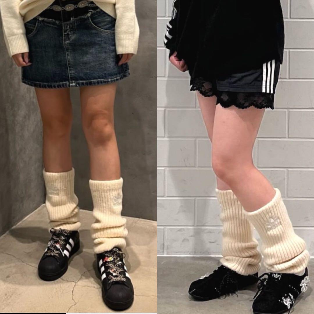 新品】⭐️白黒2点⭐️アディダスadidasリブ編みレッグウォーマー　ルーズりなてぃ