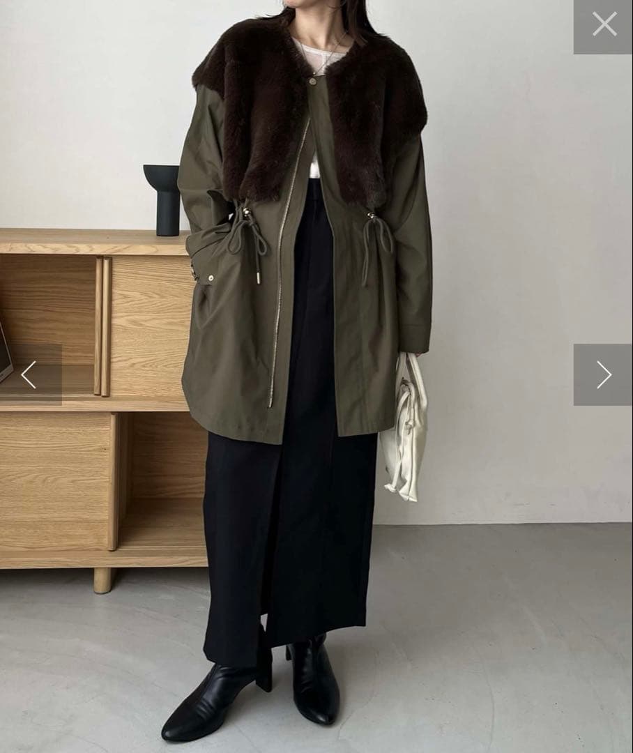 オリーブ色ファー付きモッズコート