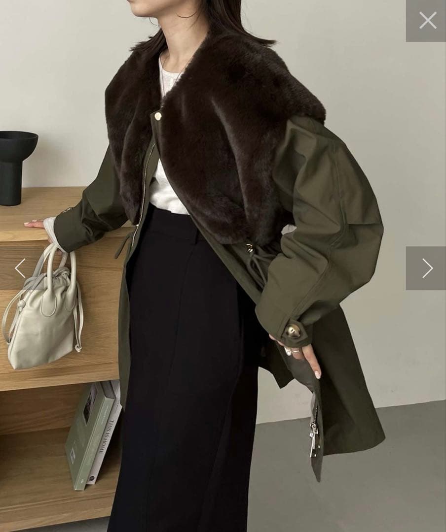 オリーブ色ファー付きモッズコート