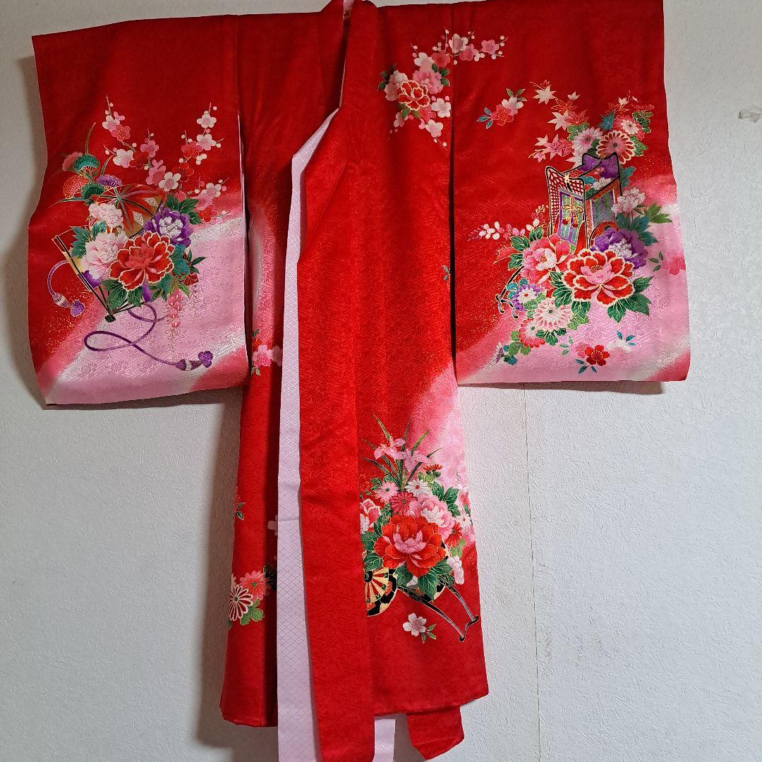 【美品】お宮参り　掛け着　正絹　祝着　産着　女の子　御所車　手まり　百花繚乱