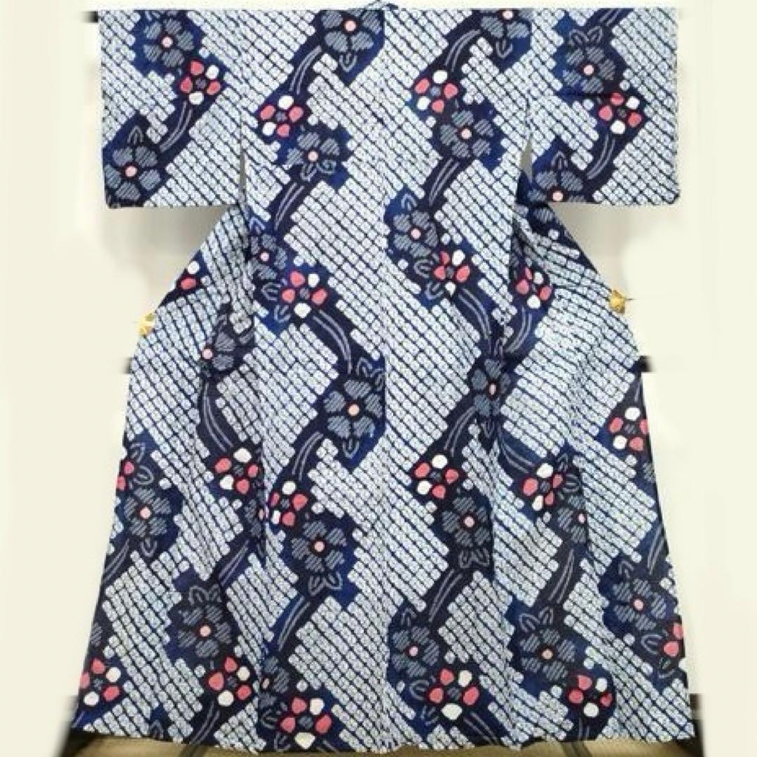 有松絞り　浴衣　夏着物　有松鳴海絞り　紺地　花　綿　トールサイズ　蜘蛛絞り