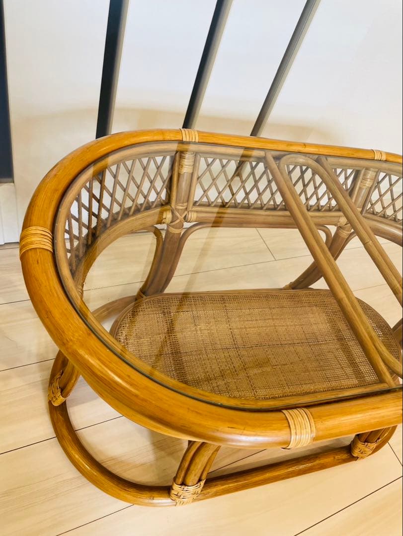 コイズミ　ラタン　ガラステーブル　アンティーク