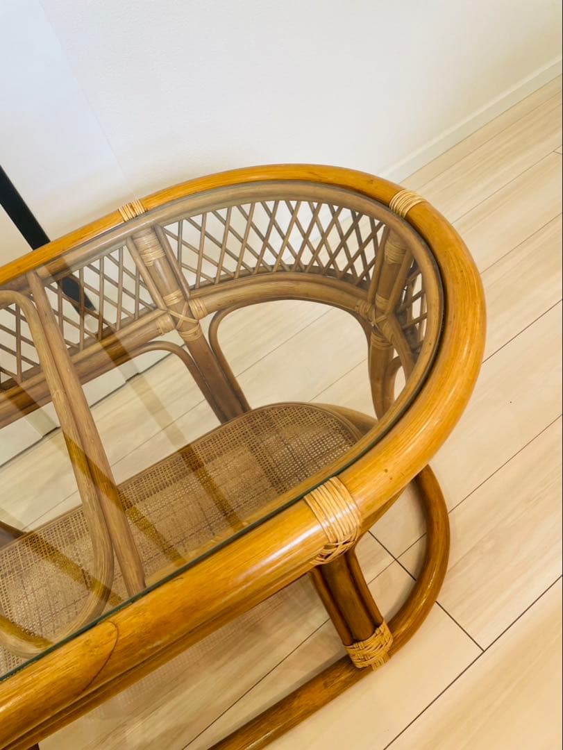 コイズミ　ラタン　ガラステーブル　アンティーク