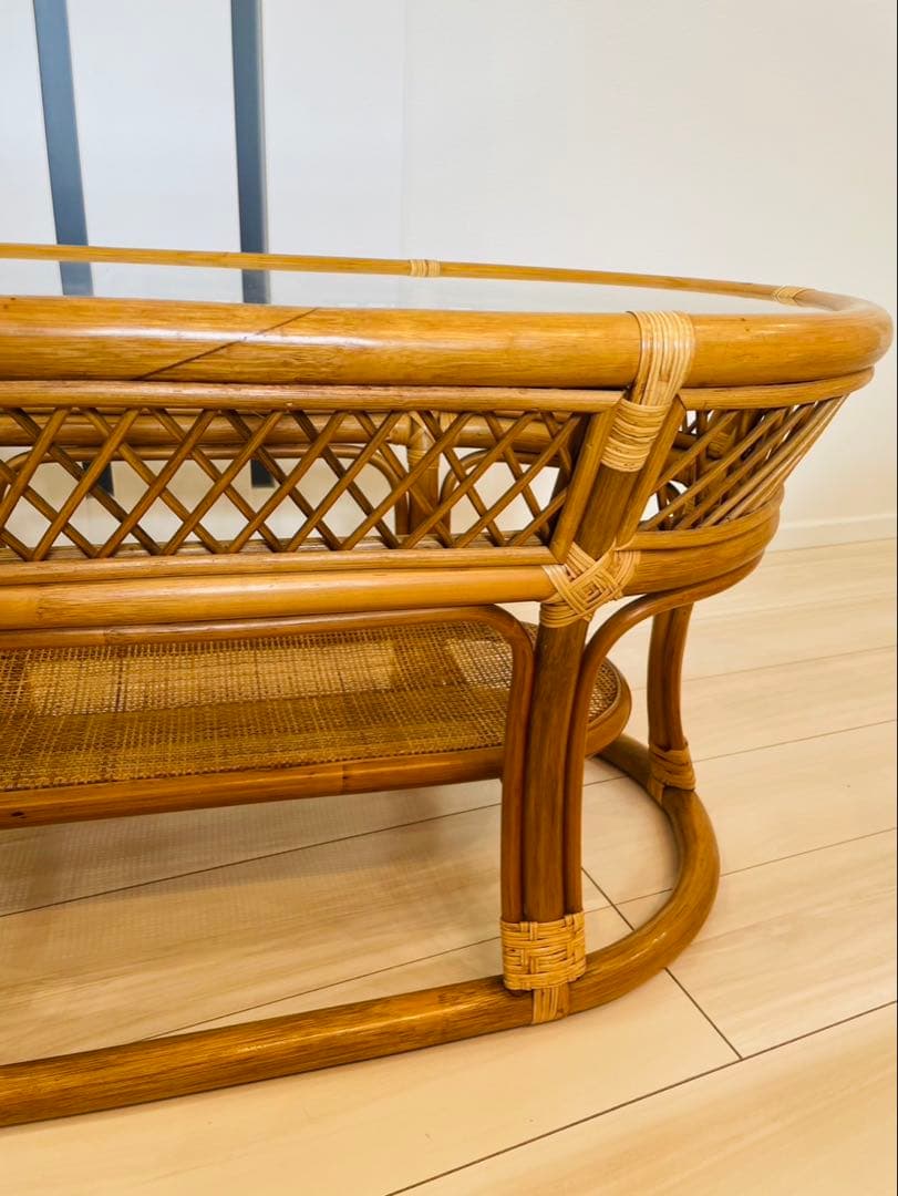 コイズミ　ラタン　ガラステーブル　アンティーク