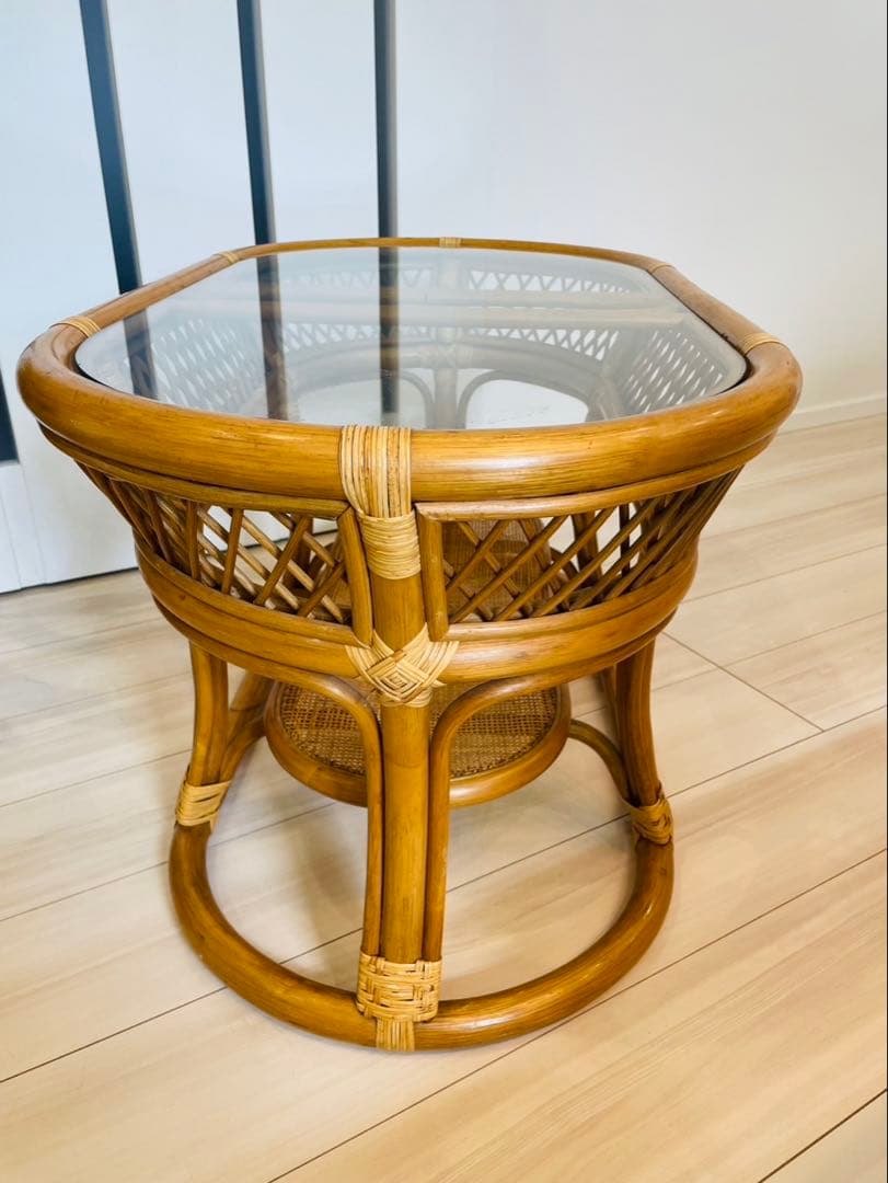 コイズミ　ラタン　ガラステーブル　アンティーク