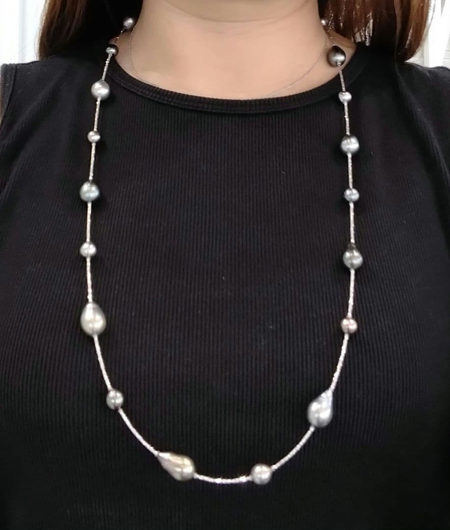 K18WG黒蝶真珠ロングネックレス　8.1～11.8mm珠　80cm　　新品